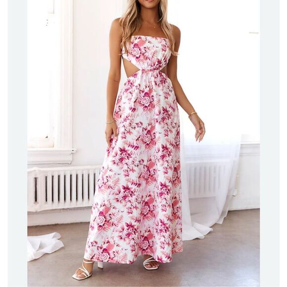 NWT Hello Molly White Pink Floral Should We Go Cutout Maxi Dress Size 6 - Picture 1 of 12